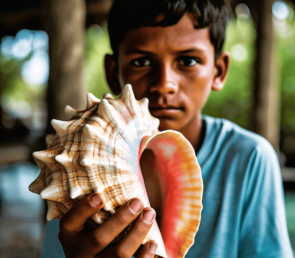 Child holidng a conch in hand
